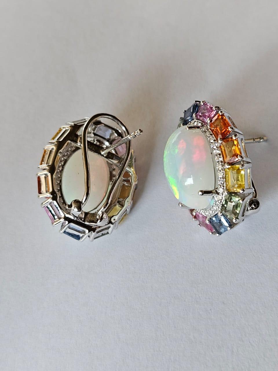 Set in 18K White Gold, Ethiopian Opal, Multi Sapphires & Diamonds Stud Earrings In New Condition For Sale In Hong Kong, HK