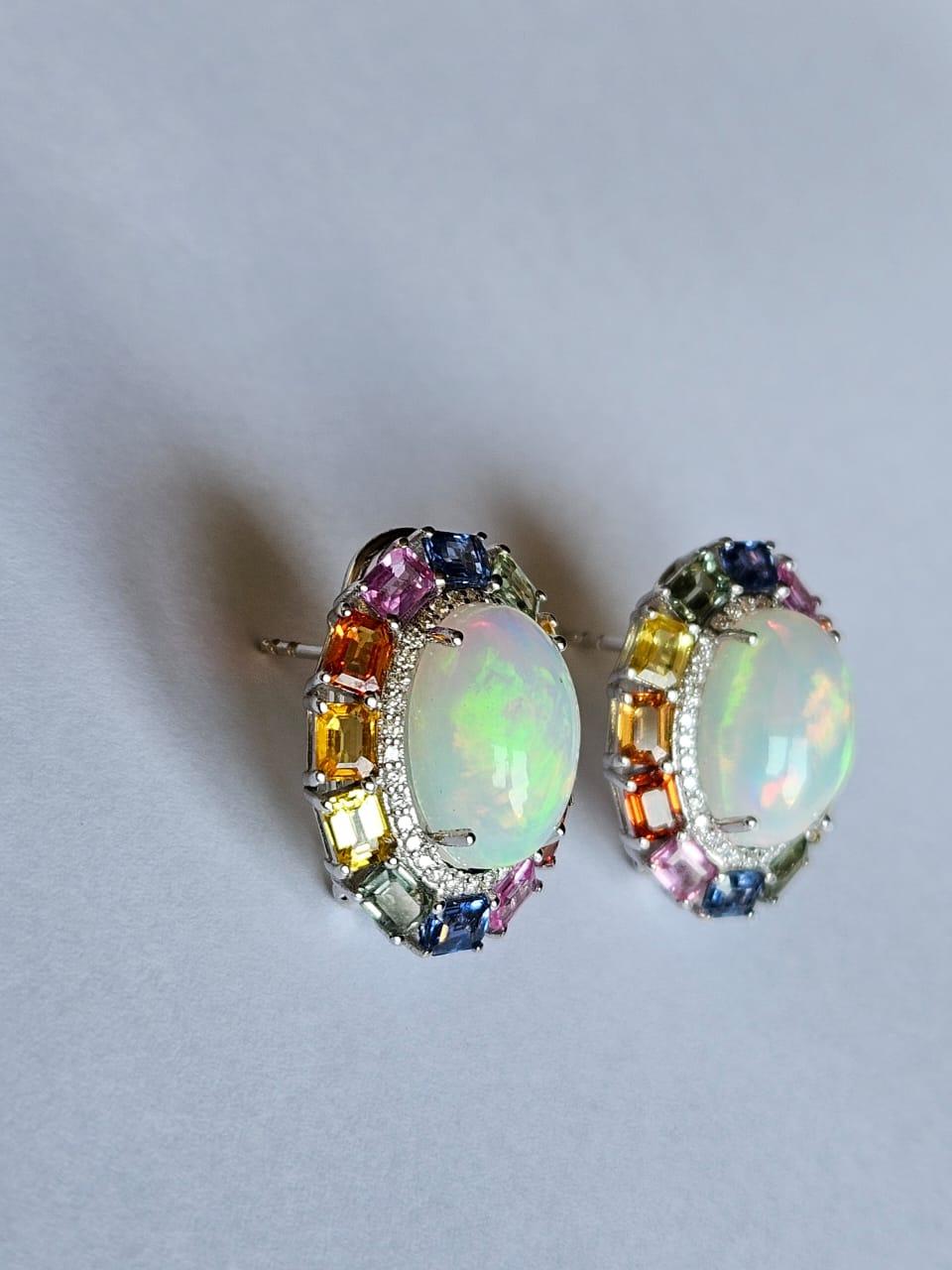 Women's or Men's Set in 18K White Gold, Ethiopian Opal, Multi Sapphires & Diamonds Stud Earrings For Sale