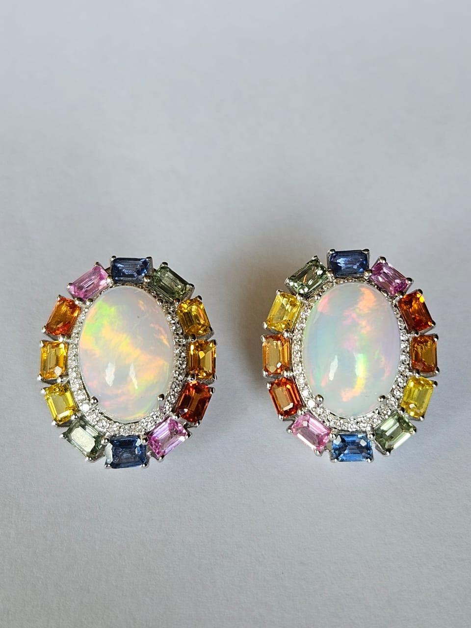 Set in 18K White Gold, Ethiopian Opal, Multi Sapphires & Diamonds Stud Earrings For Sale 1