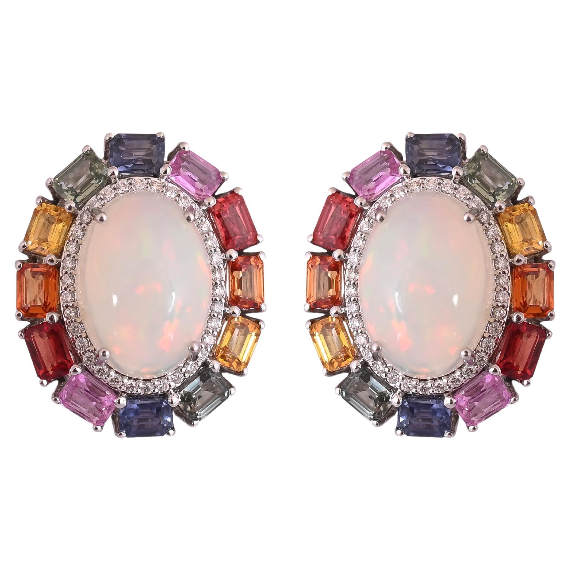 Set in 18K White Gold, Ethiopian Opal, Multi Sapphires & Diamonds Stud Earrings For Sale