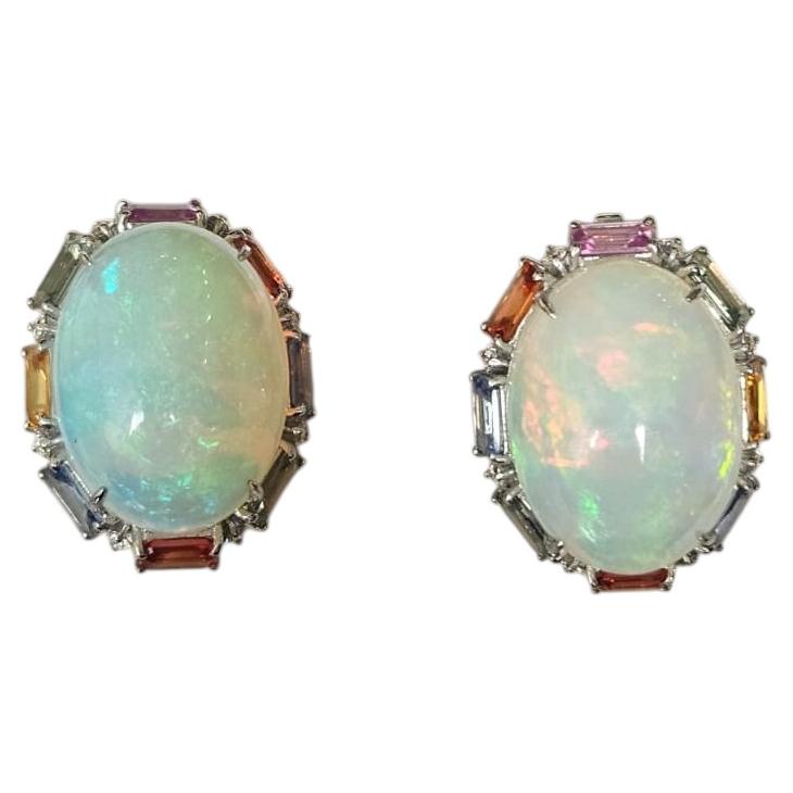 Set in 18K white Gold, Ethiopian Opal, Multi Sapphires & Diamonds Stud Earrings