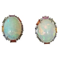 Set in 18K white Gold, Ethiopian Opal, Multi Sapphires & Diamonds Stud Earrings