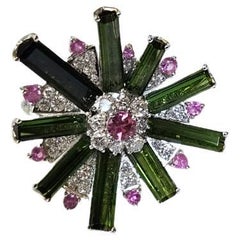Set in 18K white Gold, Green Tourmaline, Pink Sapphires 
Diamonds Cocktail Ring