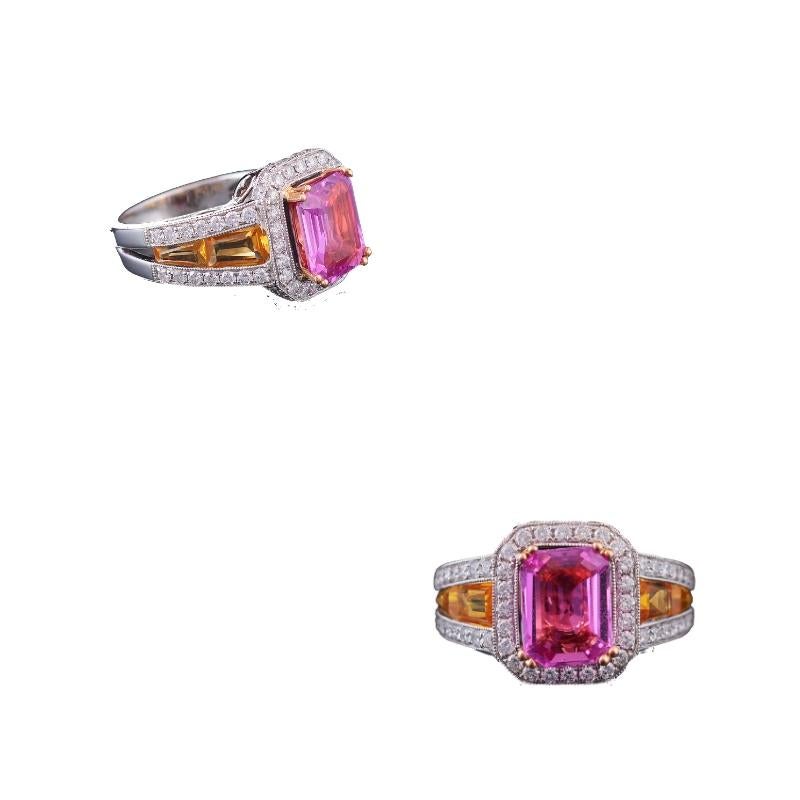 Classical Roman Set in 18 Karat White Gold, GRS Certified Pink and Yellow Sapphire 3-Stone Ring