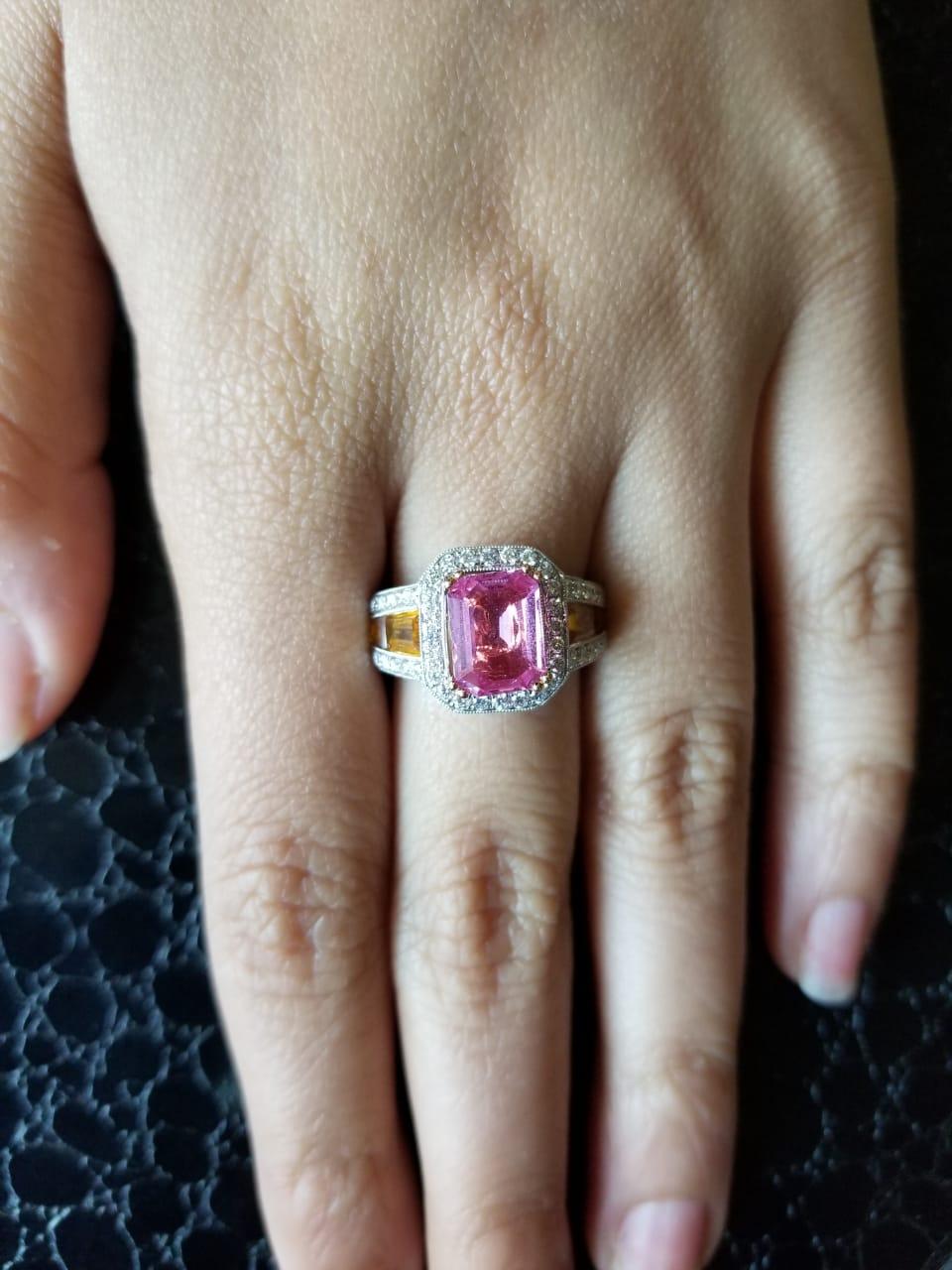 Emerald Cut Set in 18 Karat White Gold, GRS Certified Pink and Yellow Sapphire 3-Stone Ring