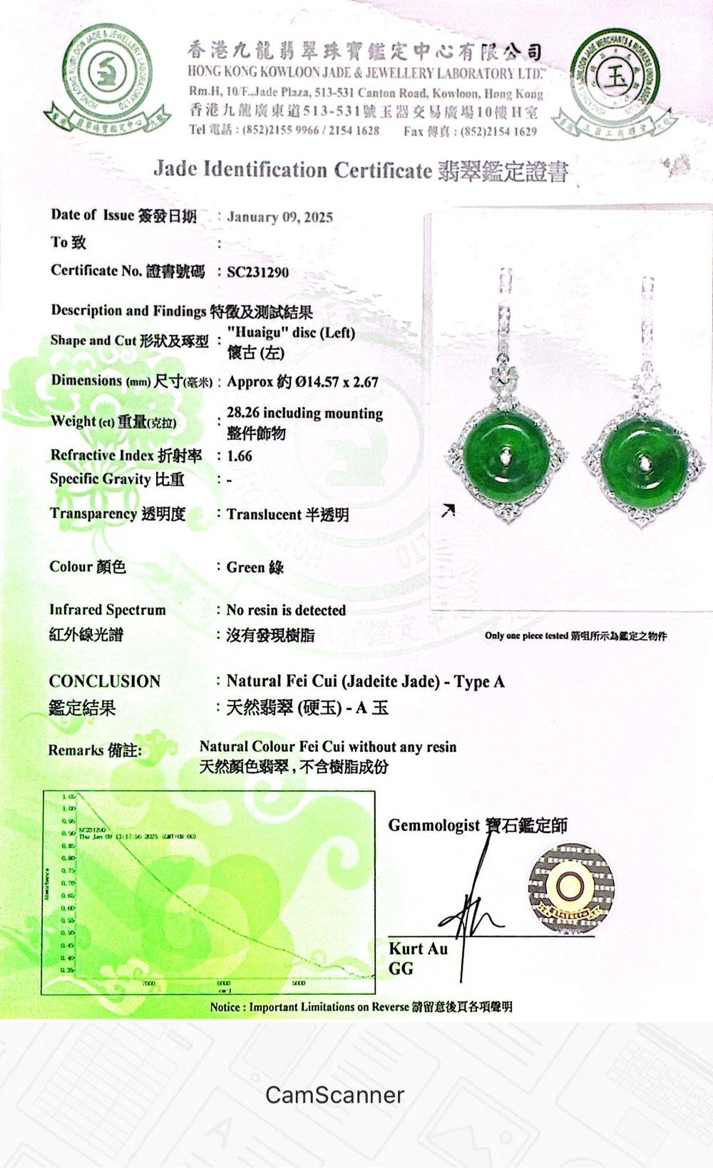 Set in 18K white Gold, HKJSL Certified, Fei Cui Jade & Diamonds Dangle Earrings en vente 2