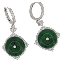 Set in 18K white Gold, HKJSL Certified, Fei Cui Jade & Diamonds Dangle Earrings