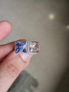 Set in 18K White Gold, Morganite, Ceylon Blue Sapphires & Diamonds Cocktail Ring