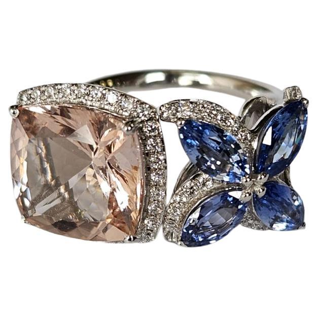 Set in 18K White Gold, Morganite, Ceylon Blue Sapphires & Diamonds Cocktail Ring