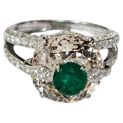 Set in 18K white Gold, Morganite, Emerald & Diamonds "Kissing" Engagement Ring