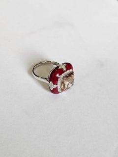 Verlobungs-Cocktailring aus 18 Karat Weißgold mit Morganit, rotem Emaille und Diamanten