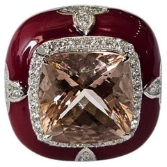 Verlobungs-Cocktailring aus 18 Karat Weißgold mit Morganit, rotem Emaille und Diamanten