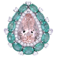 Anello di fidanzamento in oro bianco 18 carati, morganite, smeraldi dello Zambia e diamanti