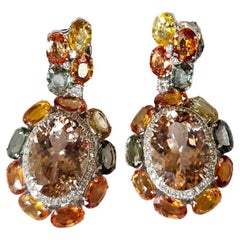Set in 18K White Gold, Morganites, Multi Sapphires & Diamonds Dangle Earrings