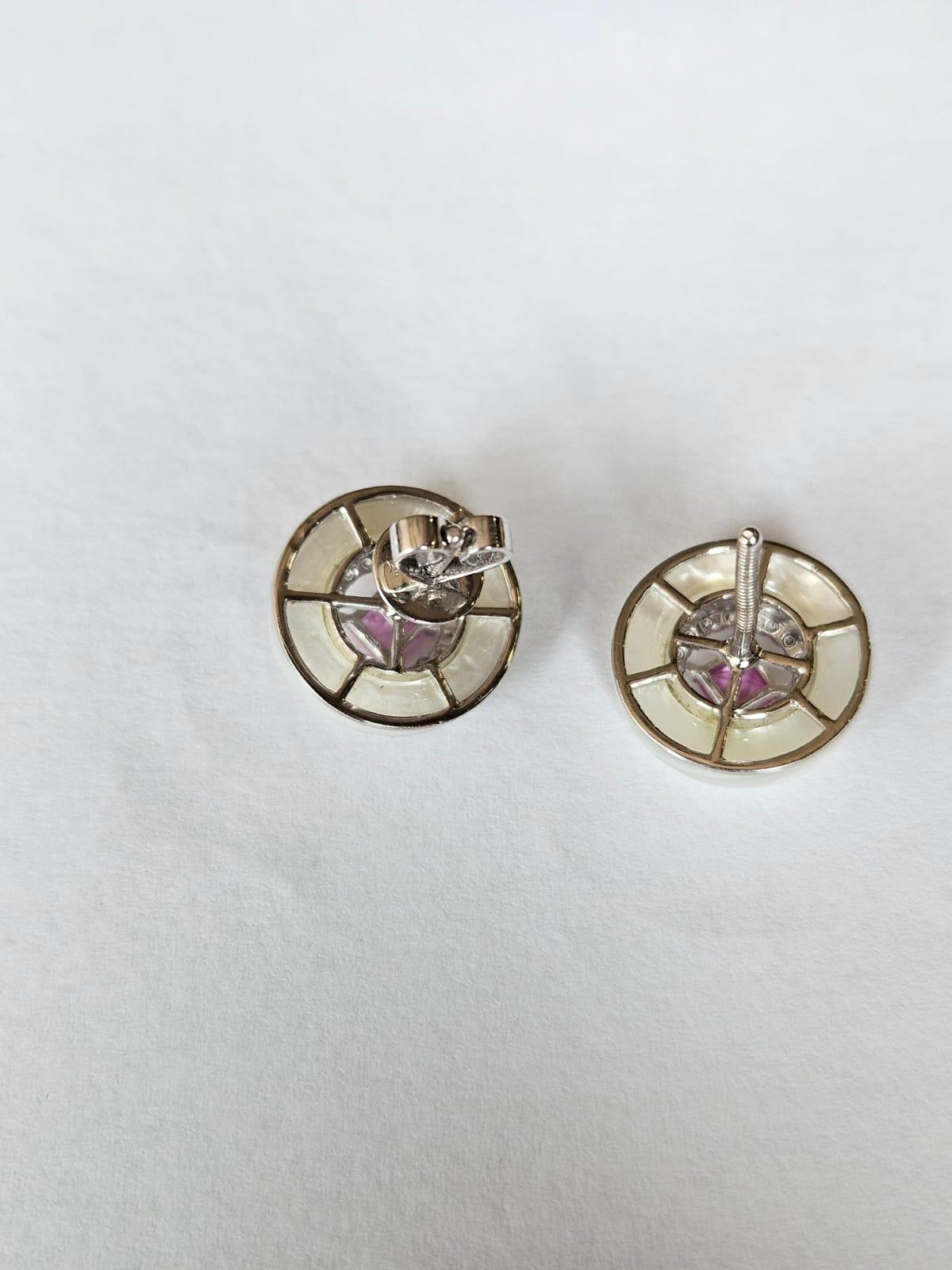 Modern Set in 18K White Gold, Mother of Pearl, Pink Sapphire & Diamonds Stud Earrings For Sale