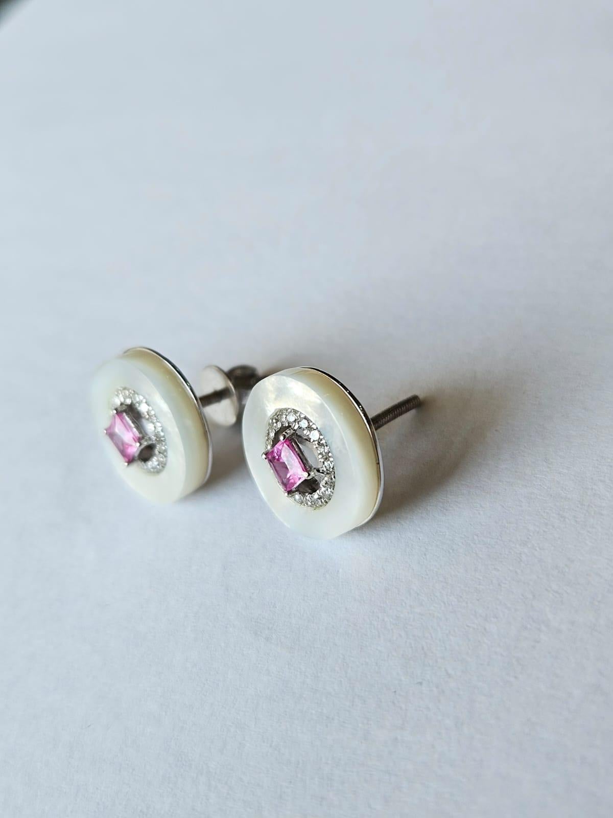 Princess Cut Set in 18K White Gold, Mother of Pearl, Pink Sapphire & Diamonds Stud Earrings For Sale