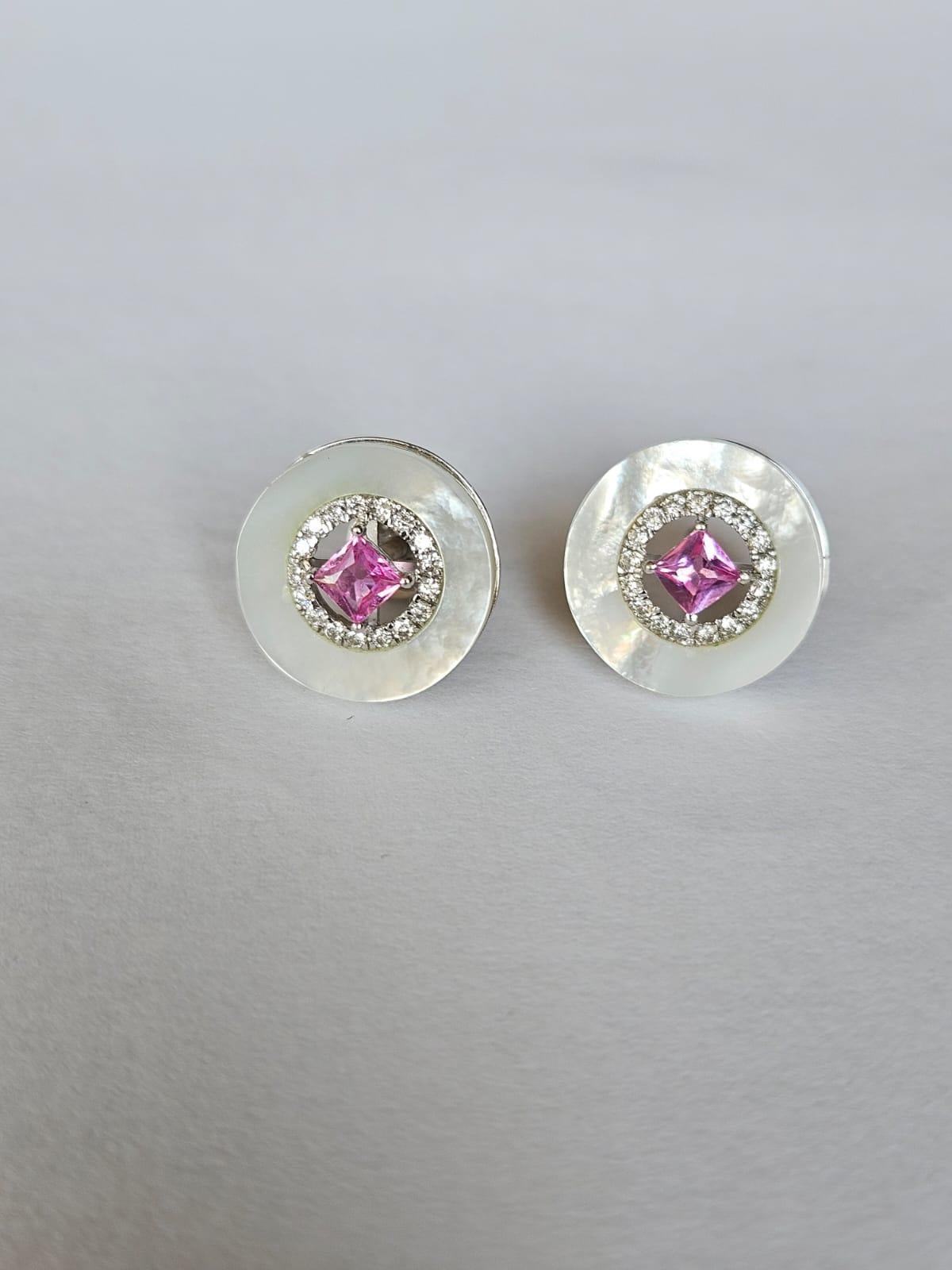 Set in 18K White Gold, Mother of Pearl, Pink Sapphire & Diamonds Stud Earrings In New Condition For Sale In Hong Kong, HK