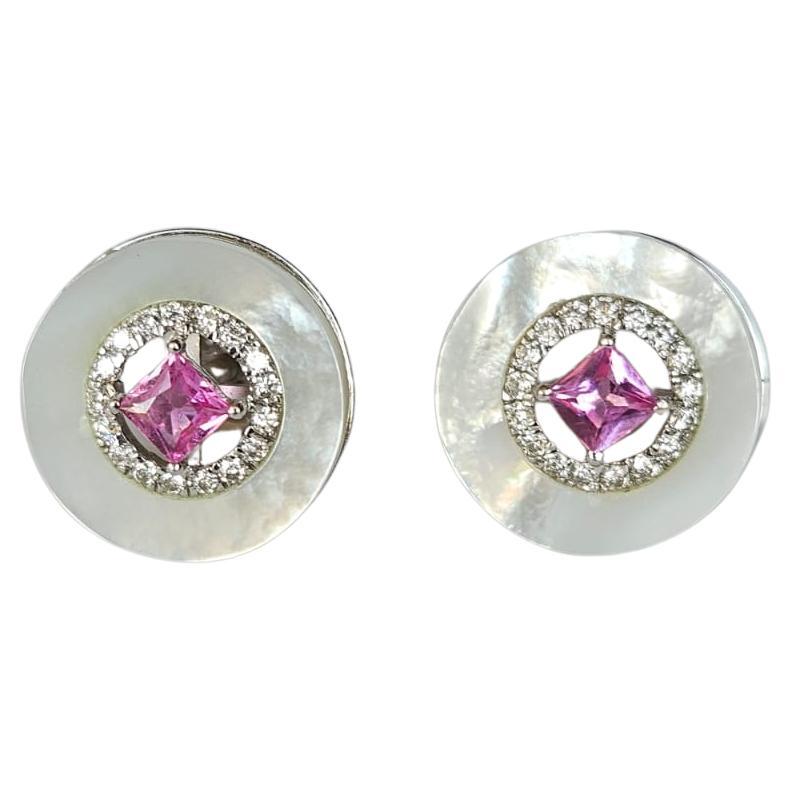 Set in 18K White Gold, Mother of Pearl, Pink Sapphire & Diamonds Stud Earrings For Sale