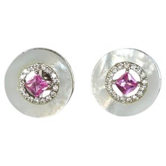 Set in 18K White Gold, Mother of Pearl, Pink Sapphire & Diamonds Stud Earrings