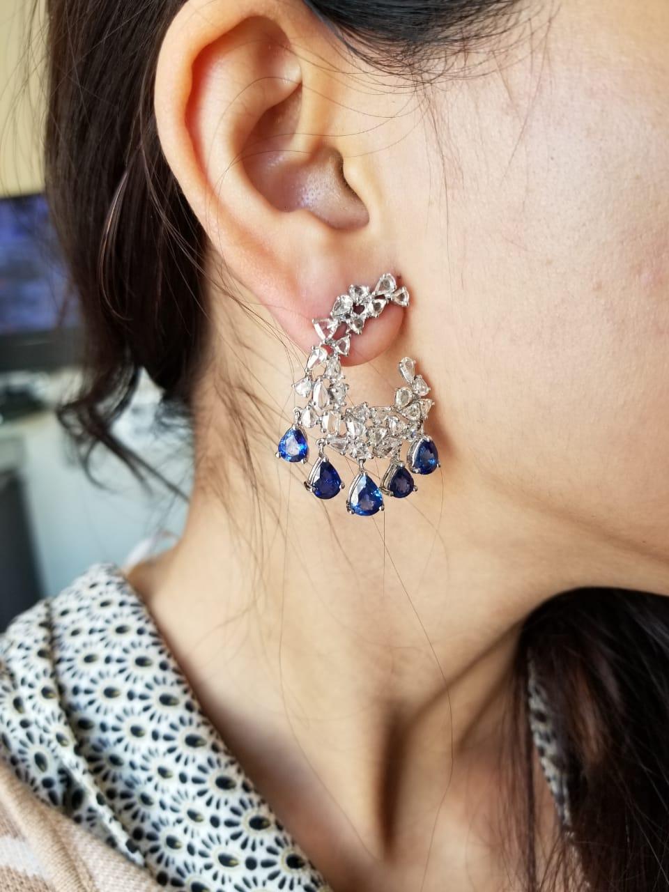 Set in 18 Karat White Gold, Natural Blue Sapphire and Rose Cut Diamond Earrings In New Condition In Hong Kong, HK