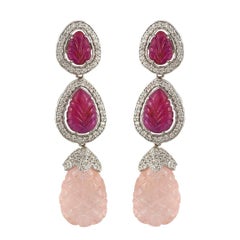 Set in 18K white gold, natural carved Ruby, Diamonds 
Morganite Drop earrings