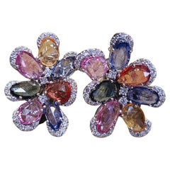 Set in 18k White Gold, Natural, Ceylon Multi Sapphires & Diamonds Stud Earrings