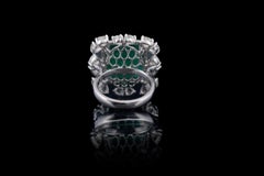 Set in 18 Karat White Gold, Natural Emerald and Rose Cut Diamonds Cocktail Ring
