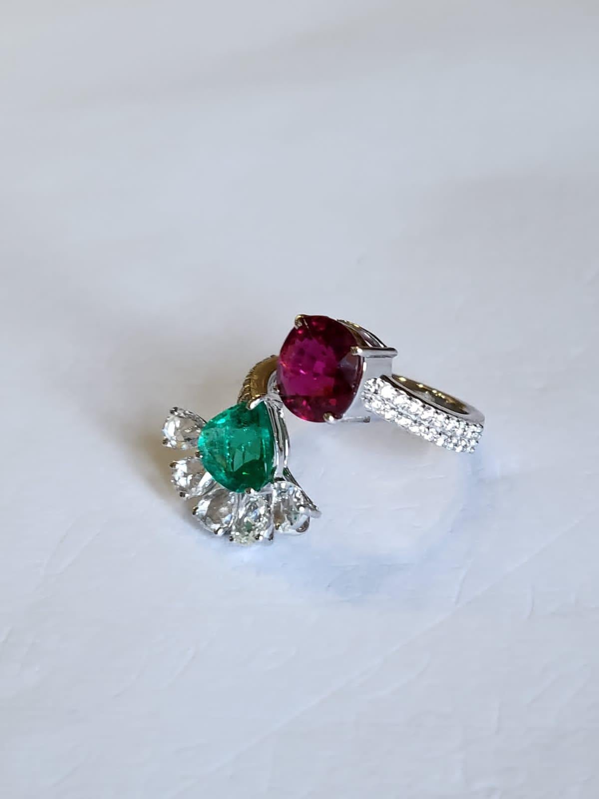 Rose Cut Set in 18k White Gold, Natural Emerald, Rubellite & Diamonds Engagement Ring For Sale