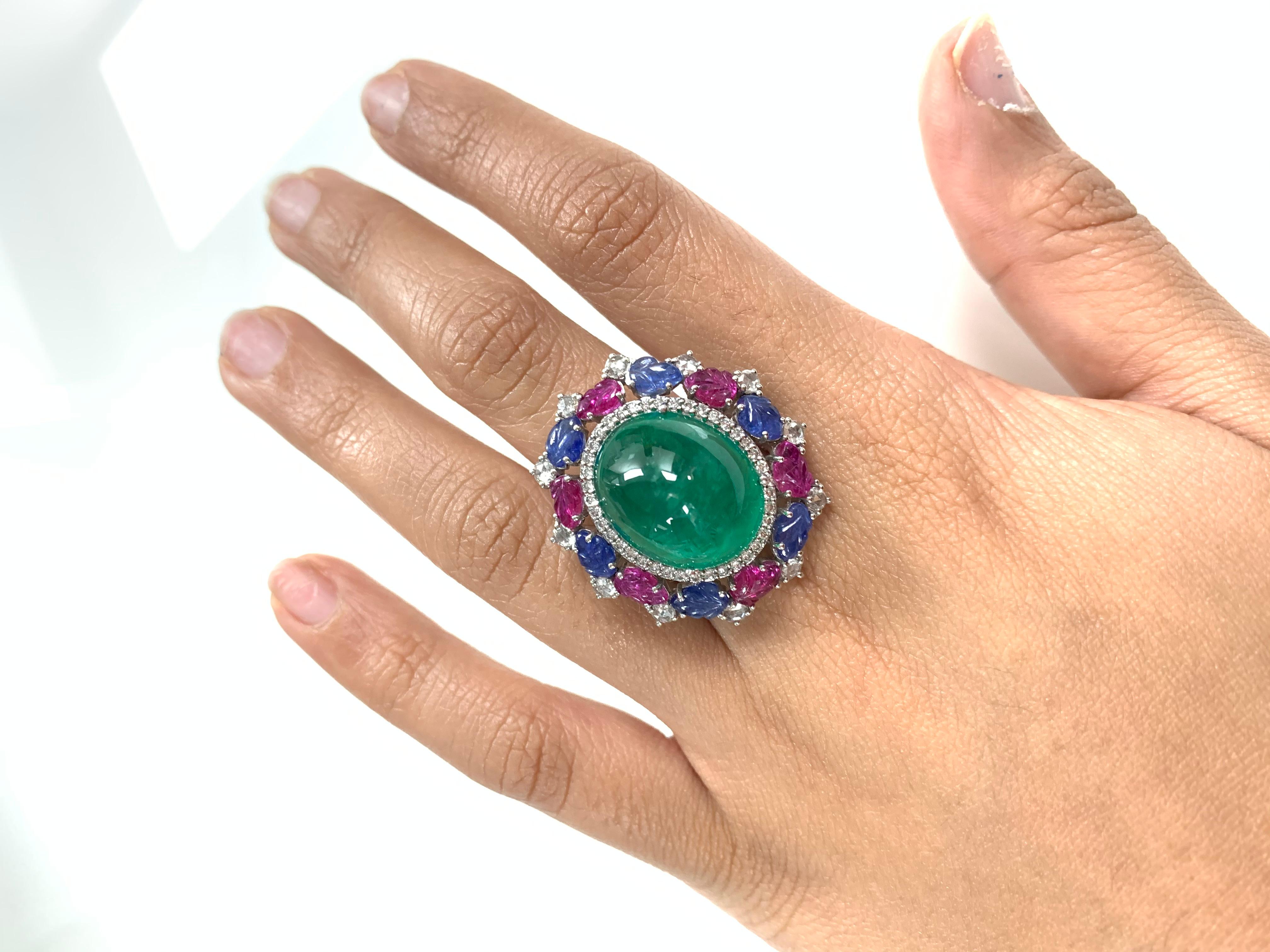 Cabochon 18 Karat White Gold Natural Emerald, Ruby, Sapphire Ring with Diamonds