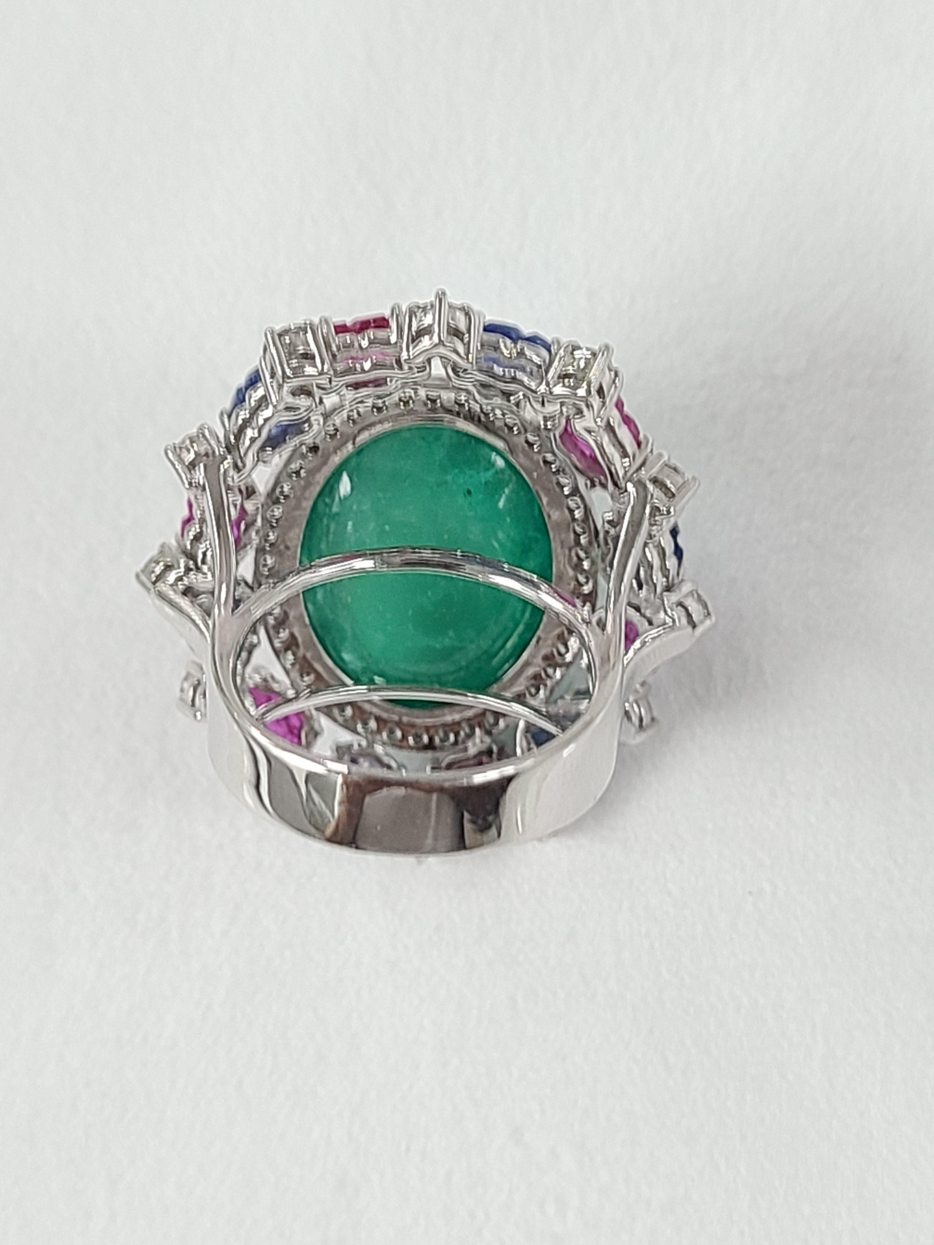 Women's 18 Karat White Gold Natural Emerald, Ruby, Sapphire Ring with Diamonds
