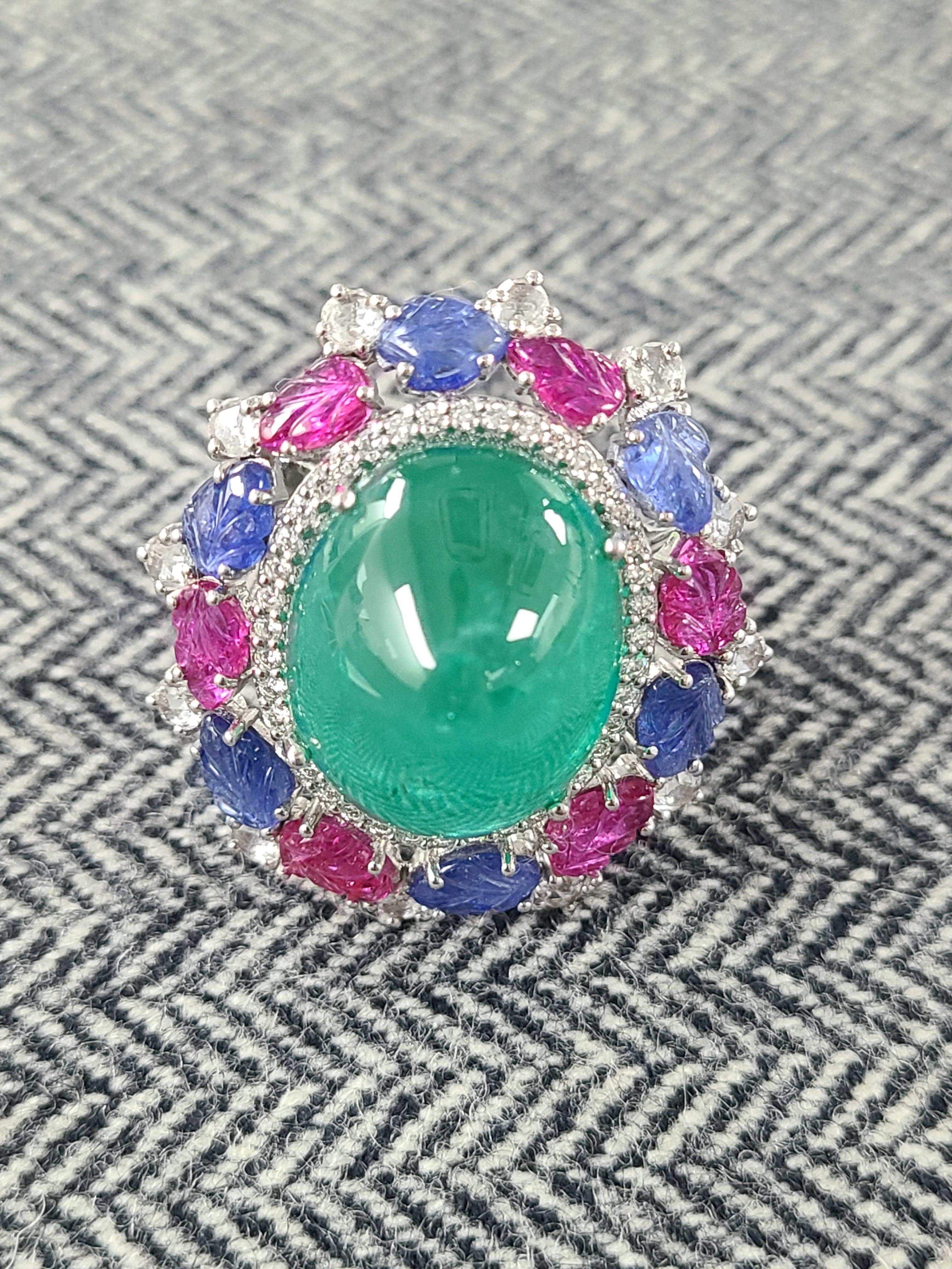 18 Karat White Gold Natural Emerald, Ruby, Sapphire Ring with Diamonds 2