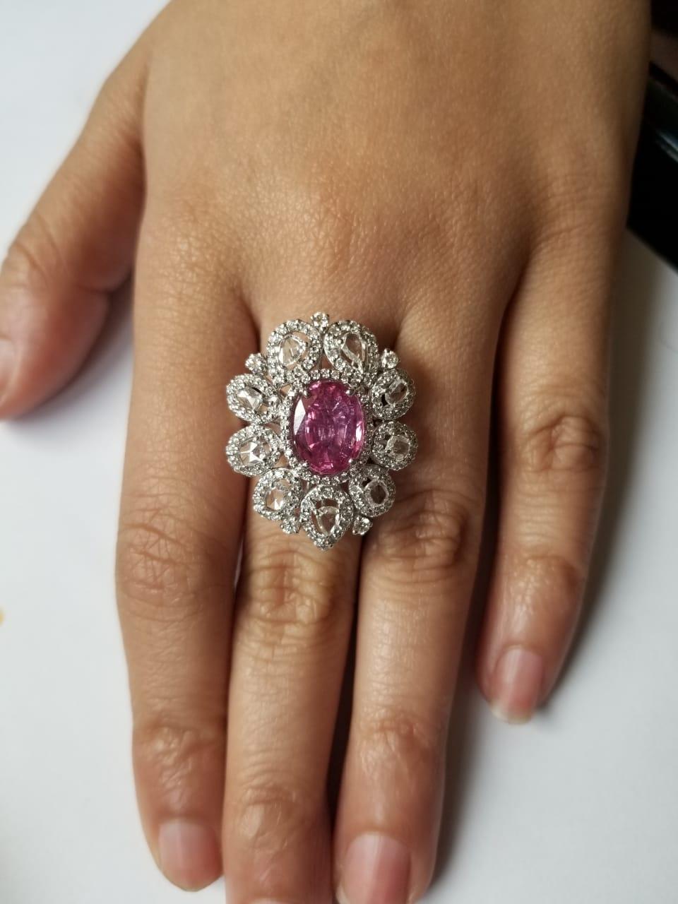 Modern Set in 18 Karat Gold, Natural Pink Sapphire and Rose Cut Diamonds Cocktail Ring