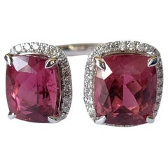 Set in 18K White Gold, natural Rubellite & Diamonds Cocktail / Two - Finger Ring
