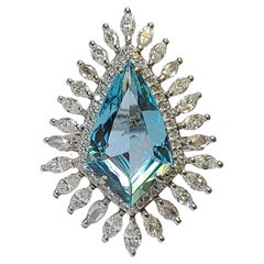 Set in 18k White Gold, Natural Shield Shaped Aquamarine 
Diamonds Cocktail Ring