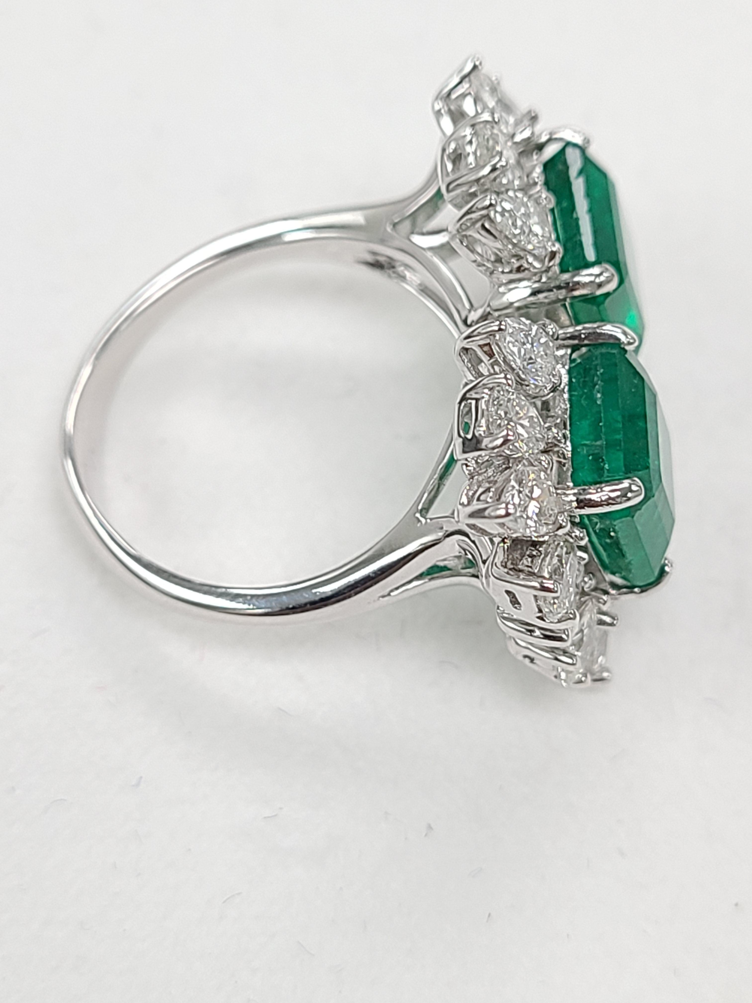 Emerald Cut 18 Karat White Gold Natural Zambia Emerald Ring Set with Diamonds