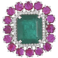 Set in 18k White Gold, Natural Zambian Emerald and Mozambique Ruby Cocktail Ring