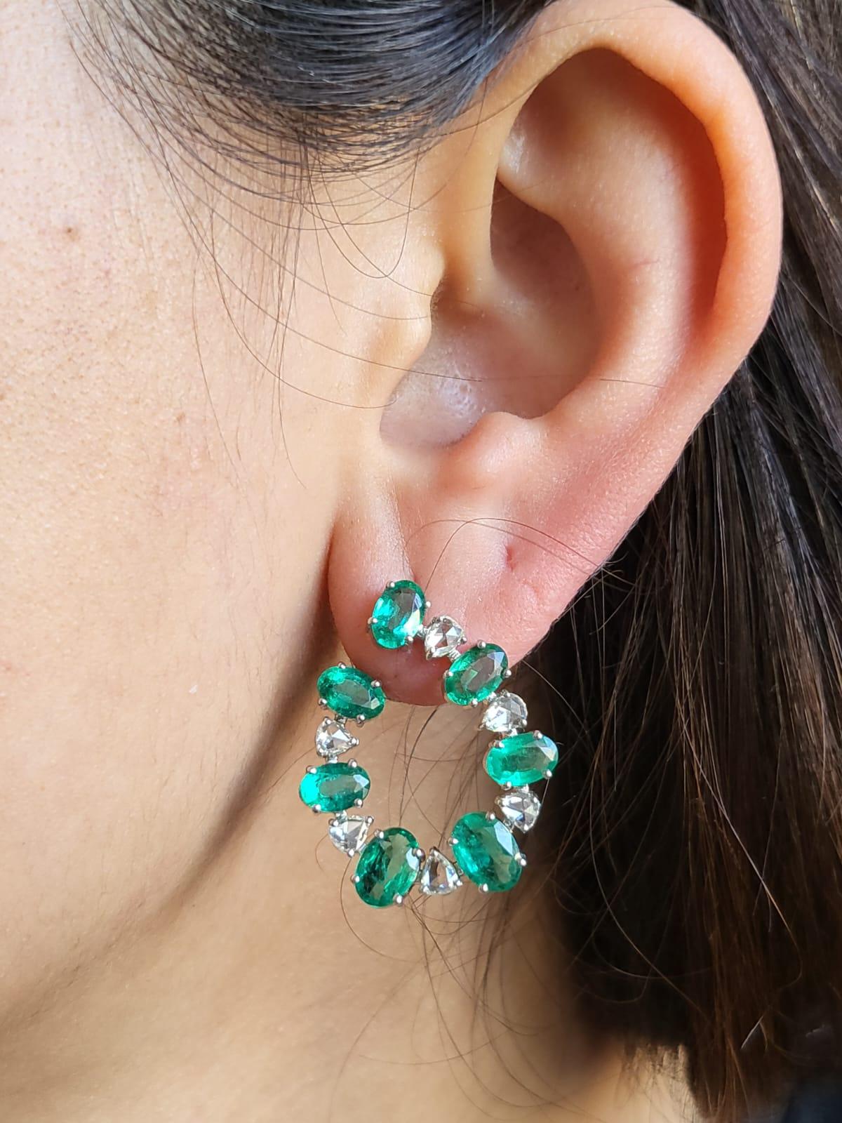 Modern Set in 18K White Gold, Natural Zambian Emerald & Rose Cut Diamonds Hoop Earrings