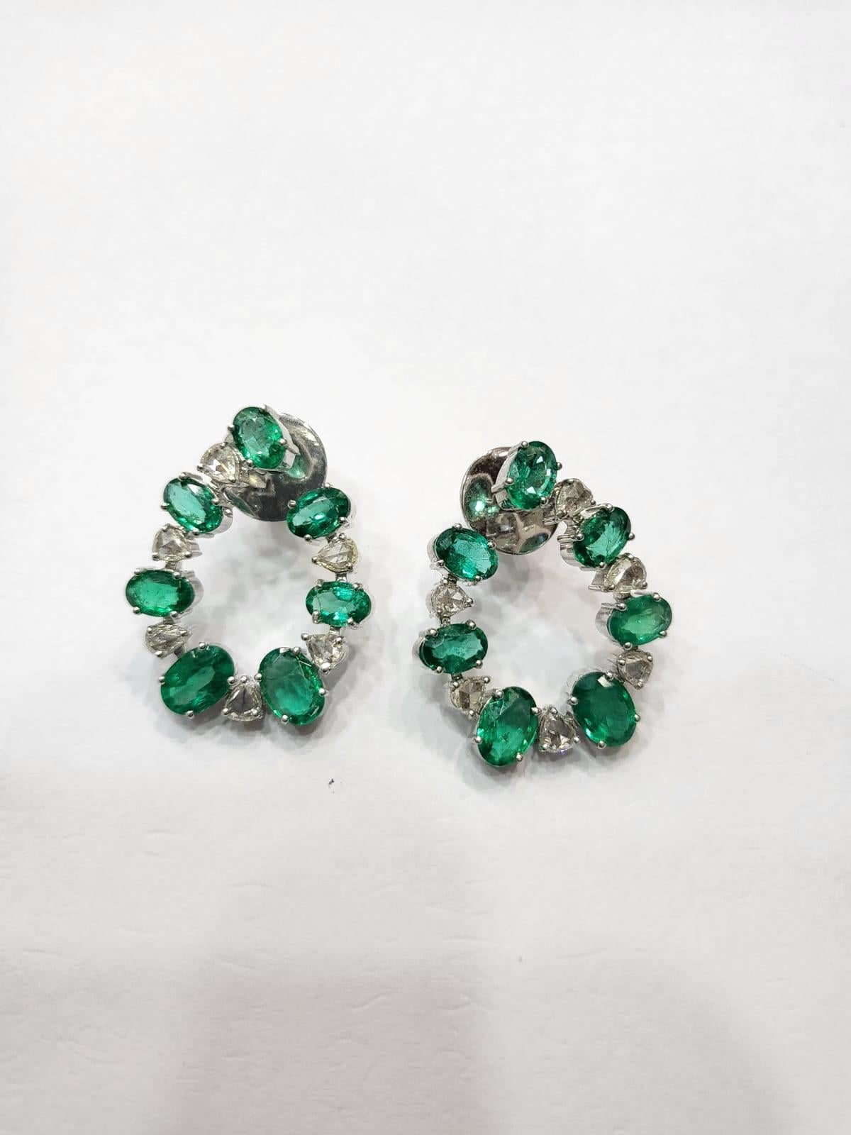 Set in 18K White Gold, Natural Zambian Emerald & Rose Cut Diamonds Hoop Earrings 2