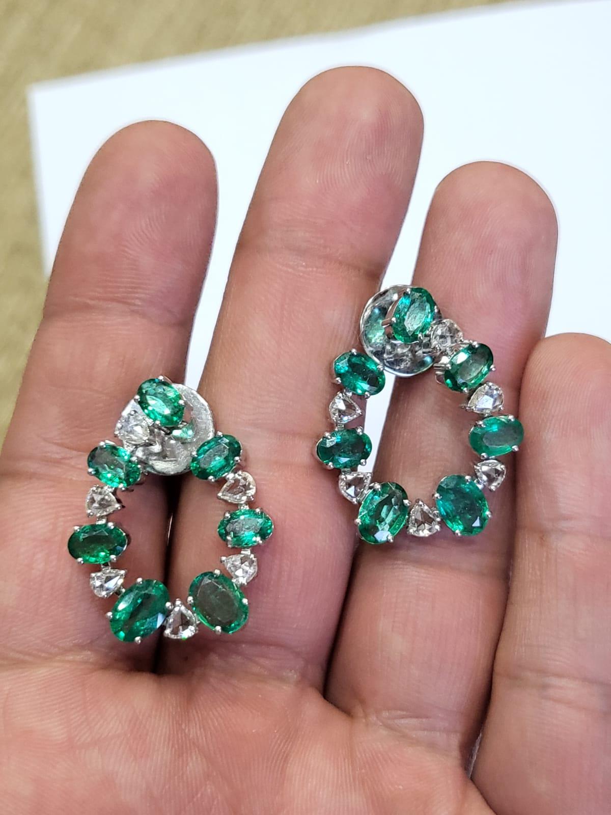 Set in 18K White Gold, Natural Zambian Emerald & Rose Cut Diamonds Hoop Earrings 3