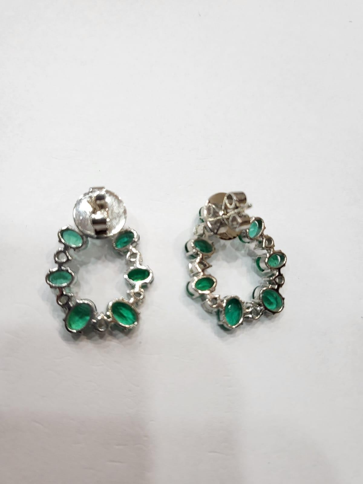 Set in 18K White Gold, Natural Zambian Emerald & Rose Cut Diamonds Hoop Earrings 4