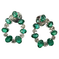 Set in 18K White Gold, Natural Zambian Emerald & Rose Cut Diamonds Hoop Earrings