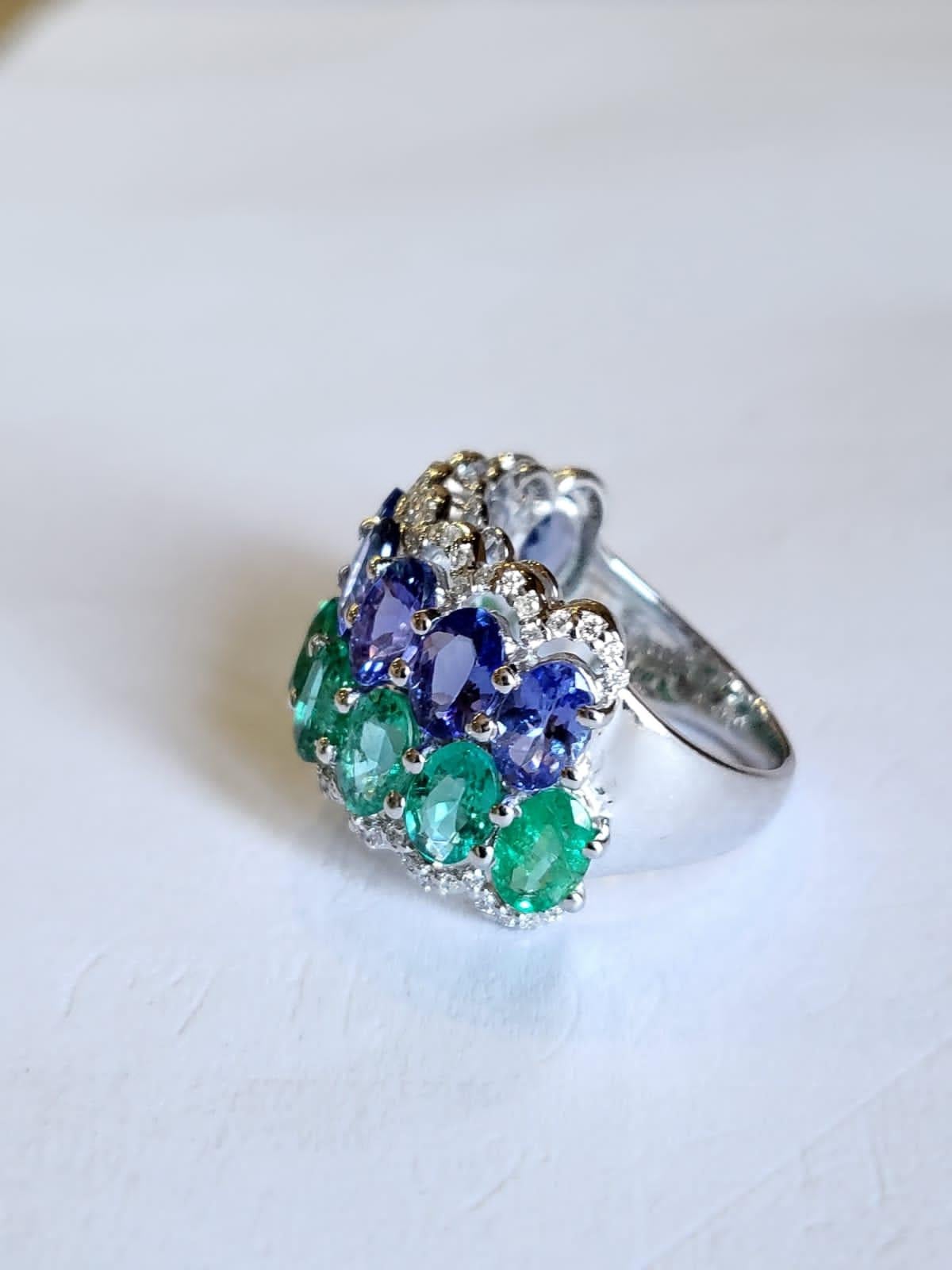 Modern Set in 18k White Gold, Natural Zambian Emerald, Tanzanite & Diamonds Band Ring