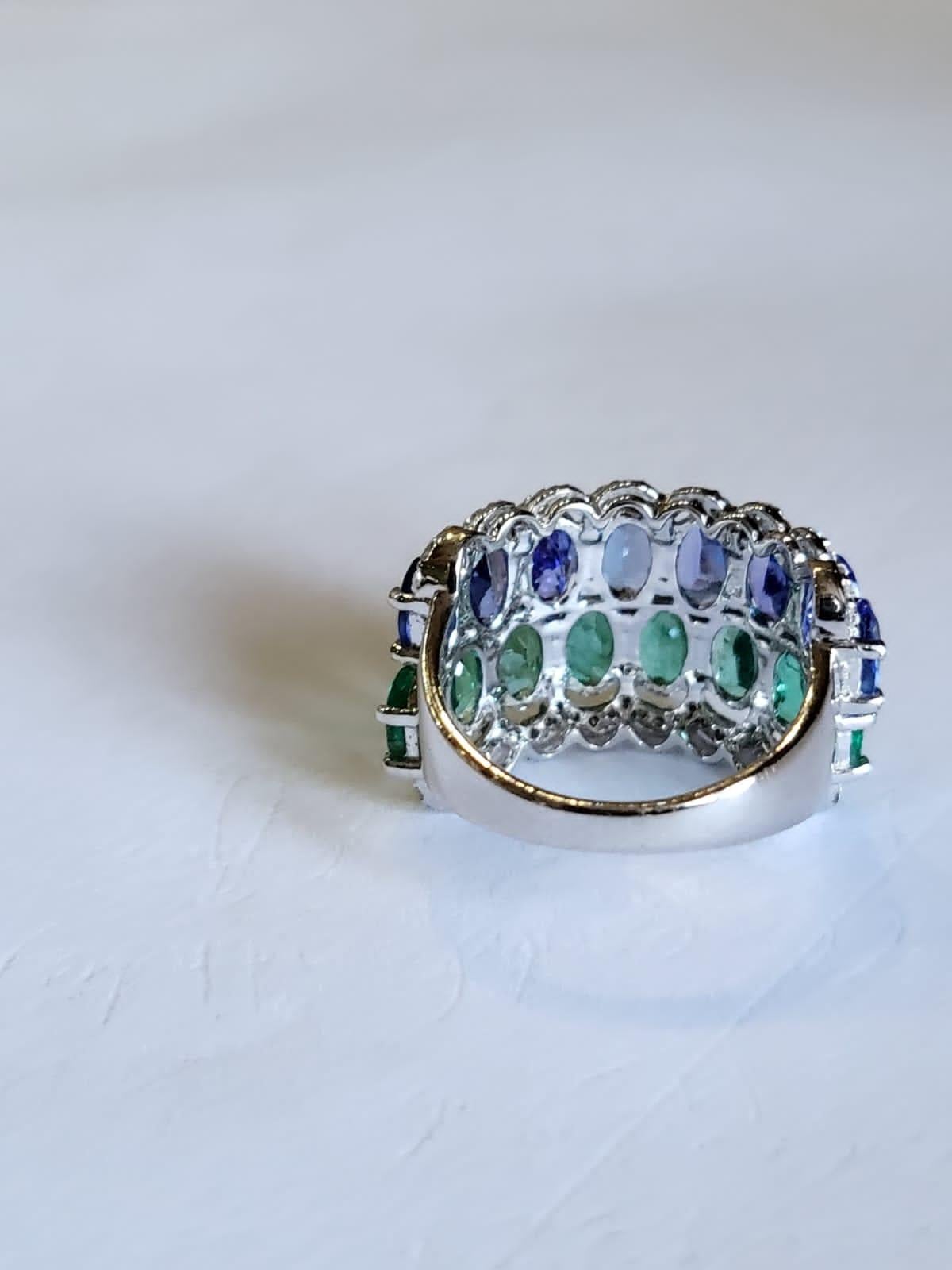 Oval Cut Set in 18k White Gold, Natural Zambian Emerald, Tanzanite & Diamonds Band Ring