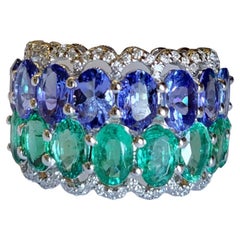 Set in 18k White Gold, Natural Zambian Emerald, Tanzanite & Diamonds Band Ring