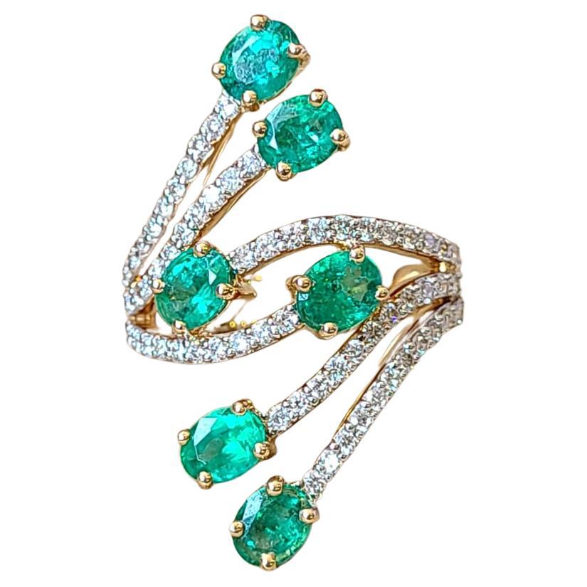 Set in 18K White Gold, Natural Zambian Emeralds & Diamonds Band Ring