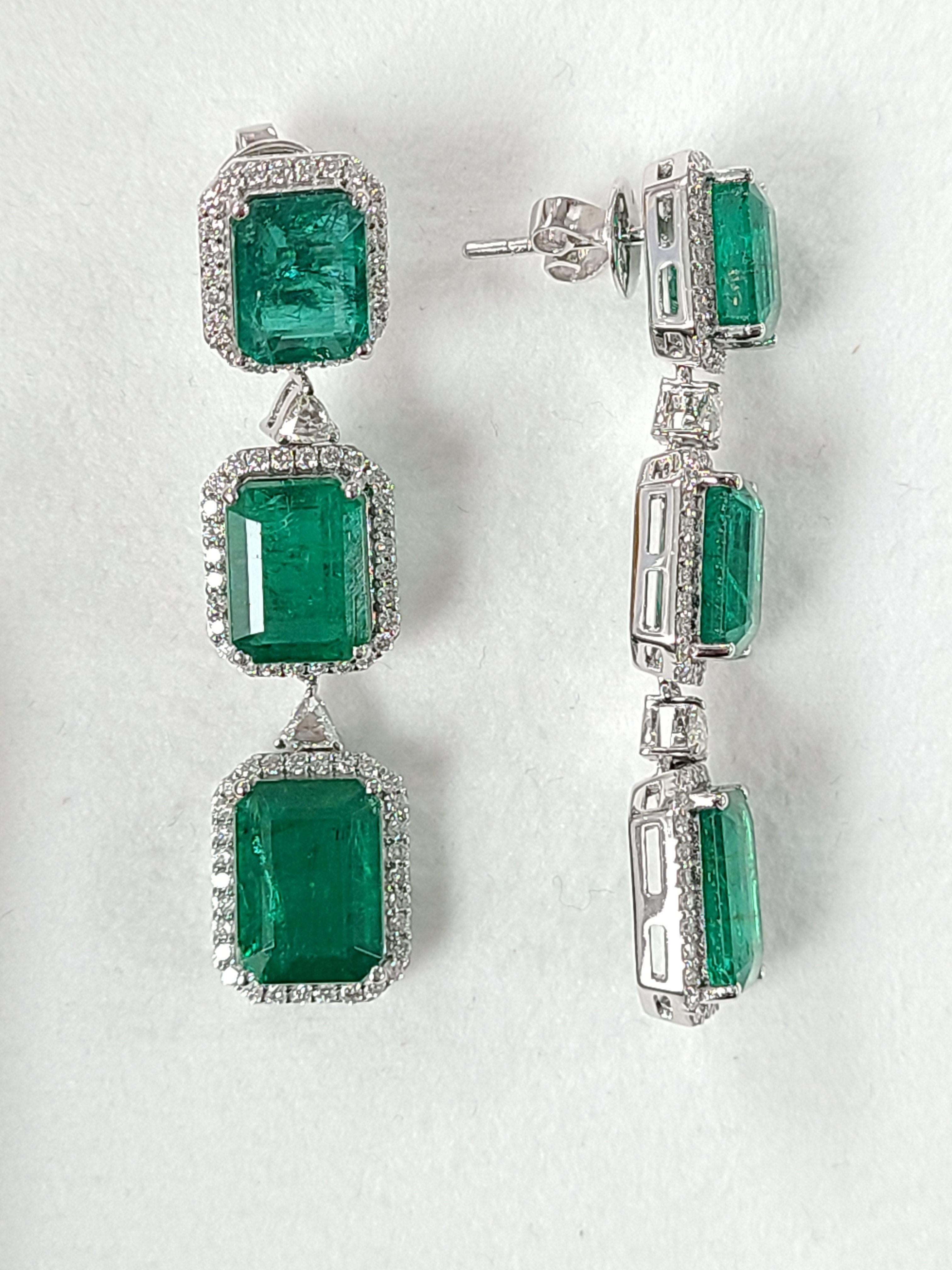 Emerald Cut 18 Karat White Gold Natural Zambian Emeralds Earrings with Diamonds