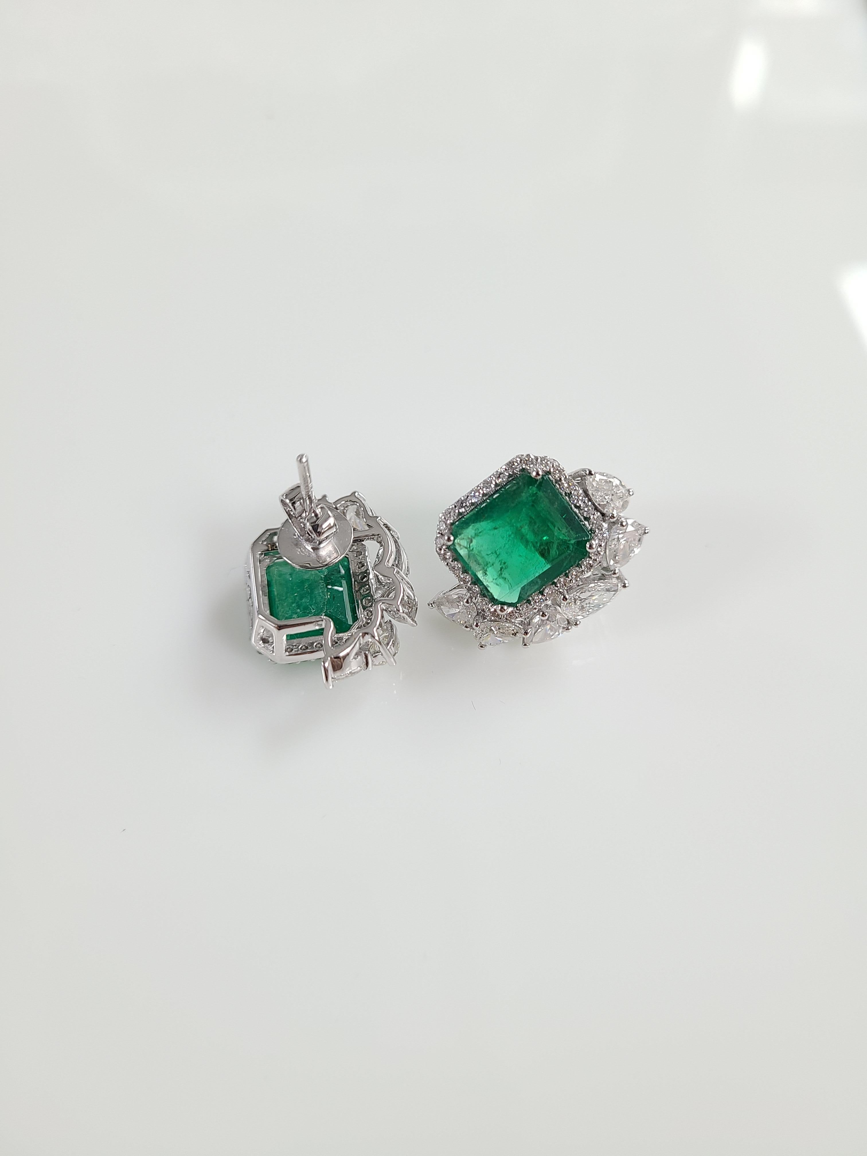 Emerald Cut 18 Karat White Gold Natural Zambian Emeralds Studs with Diamonds