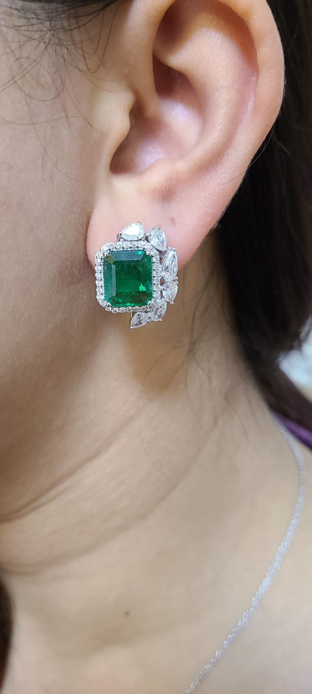 18 Karat White Gold Natural Zambian Emeralds Studs with Diamonds 1