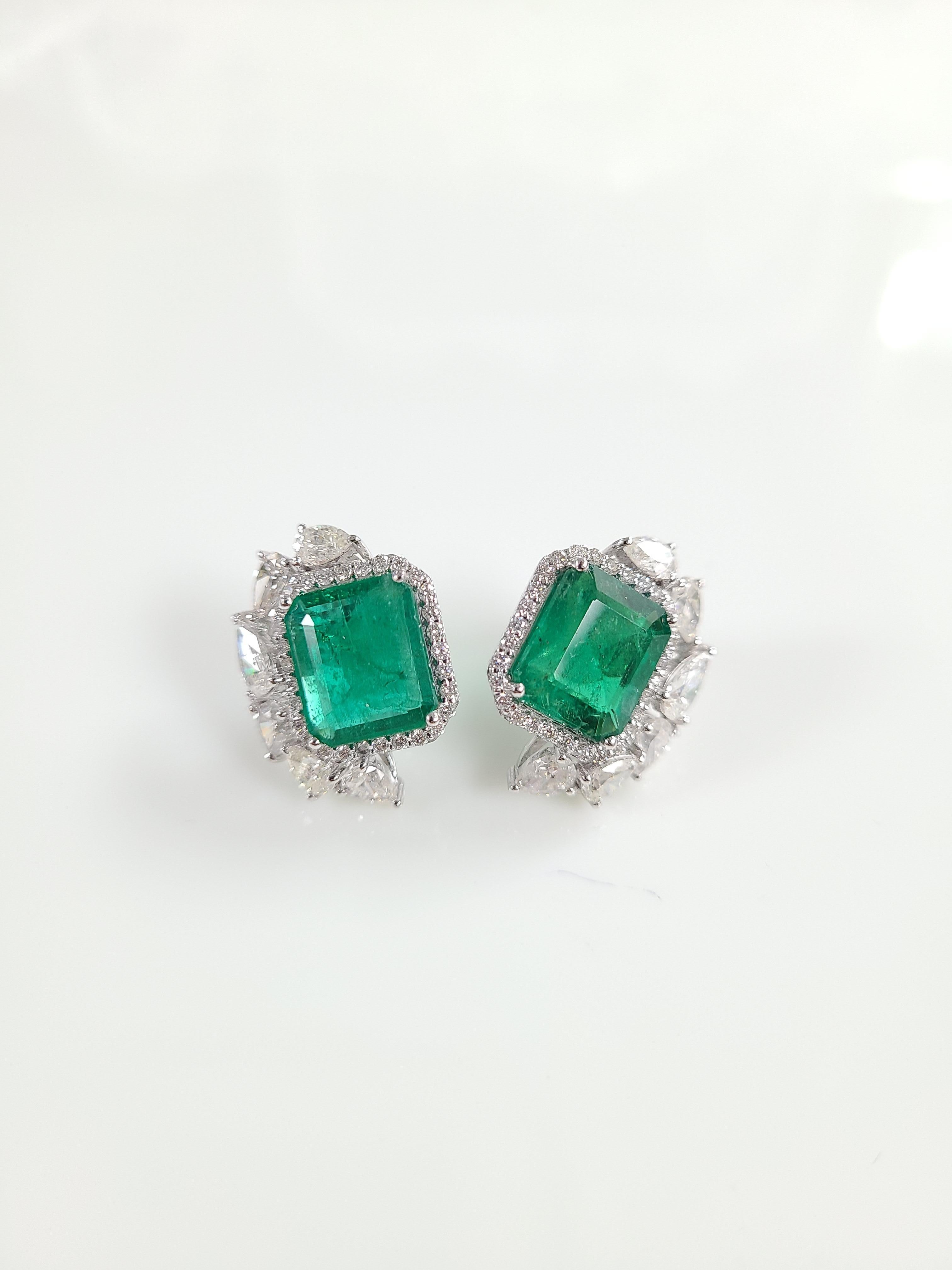 18 Karat White Gold Natural Zambian Emeralds Studs with Diamonds 3