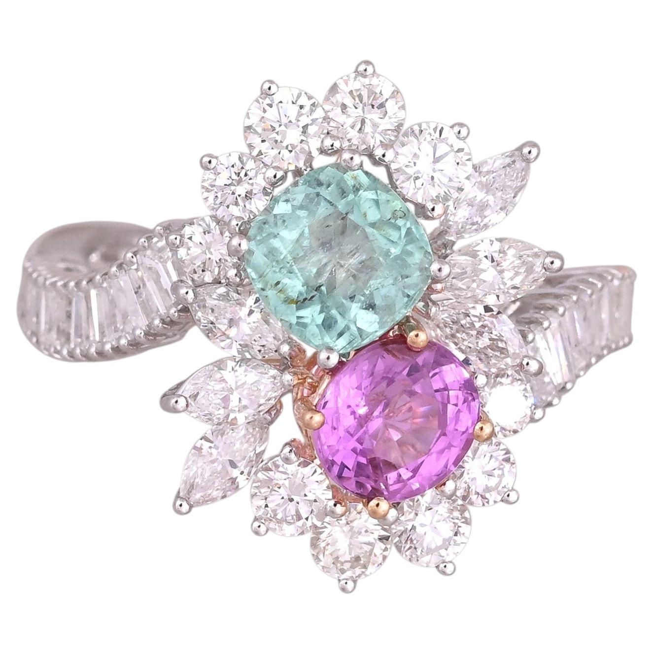 Anello da cocktail “Toi et Moi” in oro bianco 18 carati con Paraiba, zaffiro rosa e diamanti